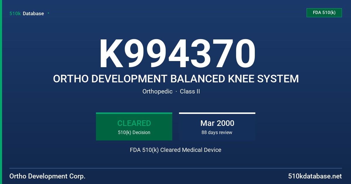 K994370 ORTHO DEVELOPMENT BALANCED KNEE SYSTEM FDA 510(k) Cleared Medical Device