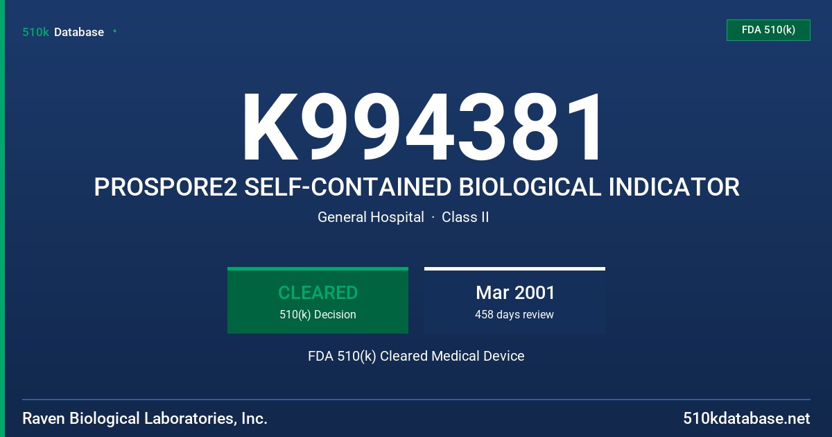 K994381 PROSPORE2 SELF-CONTAINED BIOLOGICAL INDICATOR FDA 510(k) Cleared Medical Device