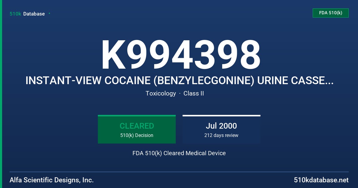 K994398 INSTANT-VIEW COCAINE (BENZYLECGONINE) URINE CASSETTE TEST FDA 510(k) Cleared Medical Device