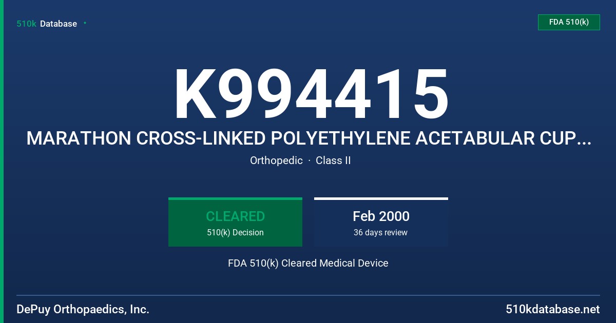 K994415 MARATHON CROSS-LINKED POLYETHYLENE ACETABULAR CUP LINERS FDA 510(k) Cleared Medical Device