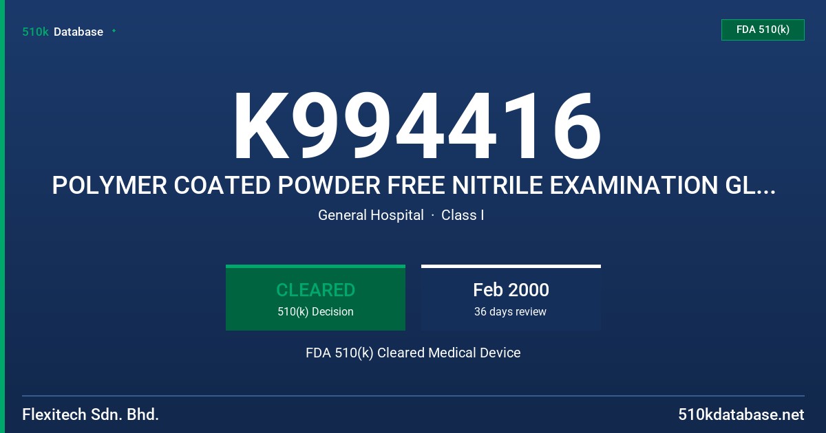 K994416 POLYMER COATED POWDER FREE NITRILE EXAMINATION GLOVES, BLUE FDA 510(k) Cleared Medical Device