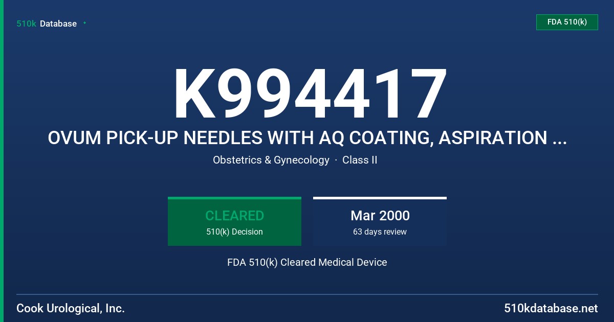 K994417 OVUM PICK-UP NEEDLES WITH AQ COATING, ASPIRATION NEEDLES WITH AQ COATING FDA 510(k) Cleared Medical Device