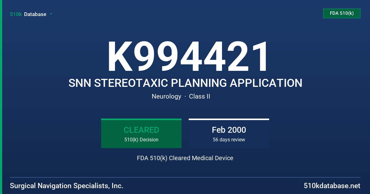 K994421 SNN STEREOTAXIC PLANNING APPLICATION FDA 510(k) Cleared Medical Device