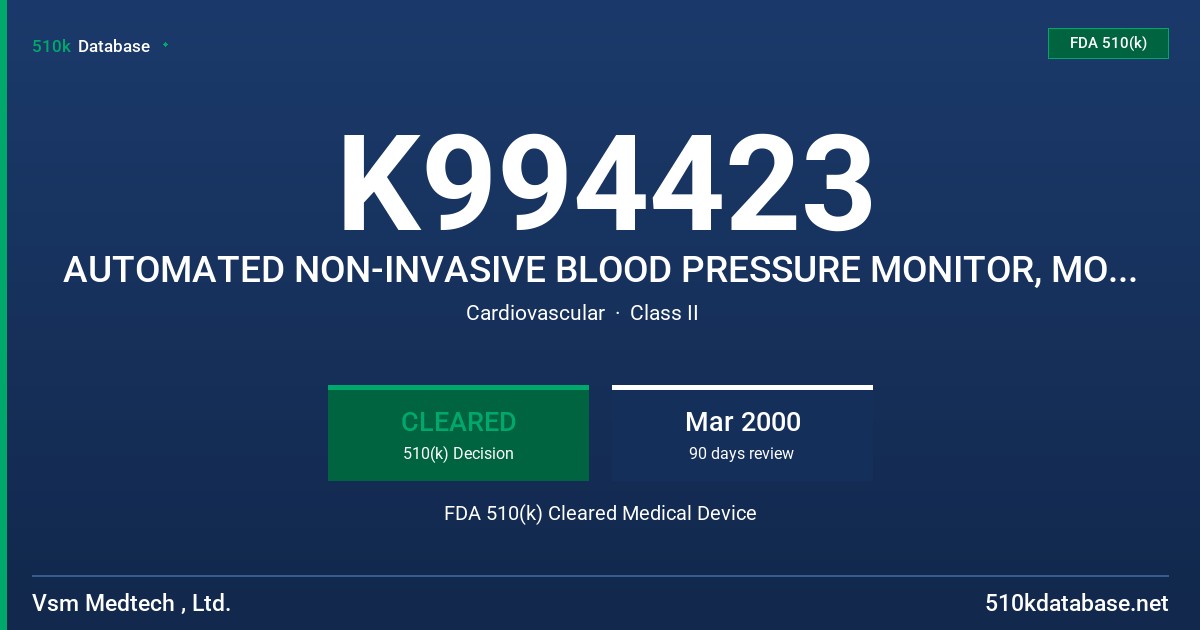 K994423 AUTOMATED NON-INVASIVE BLOOD PRESSURE MONITOR, MODEL BPM-100 FDA 510(k) Cleared Medical Device