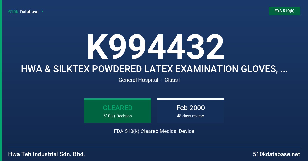K994432 HWA & SILKTEX POWDERED LATEX EXAMINATION GLOVES, WITH PROTEIN CONTENT LABELING CLAIM (140 MICROGRAMS OR LESS) FDA 510(k) Cleared Medical Device