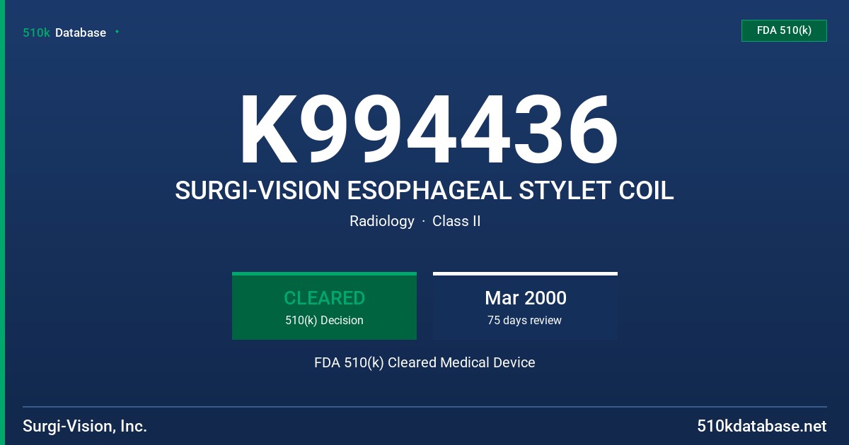 K994436 SURGI-VISION ESOPHAGEAL STYLET COIL FDA 510(k) Cleared Medical Device