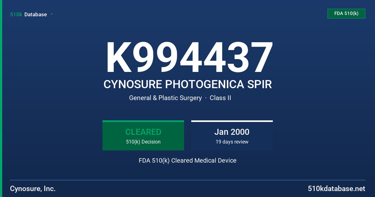 K994437 CYNOSURE PHOTOGENICA SPIR FDA 510(k) Cleared Medical Device