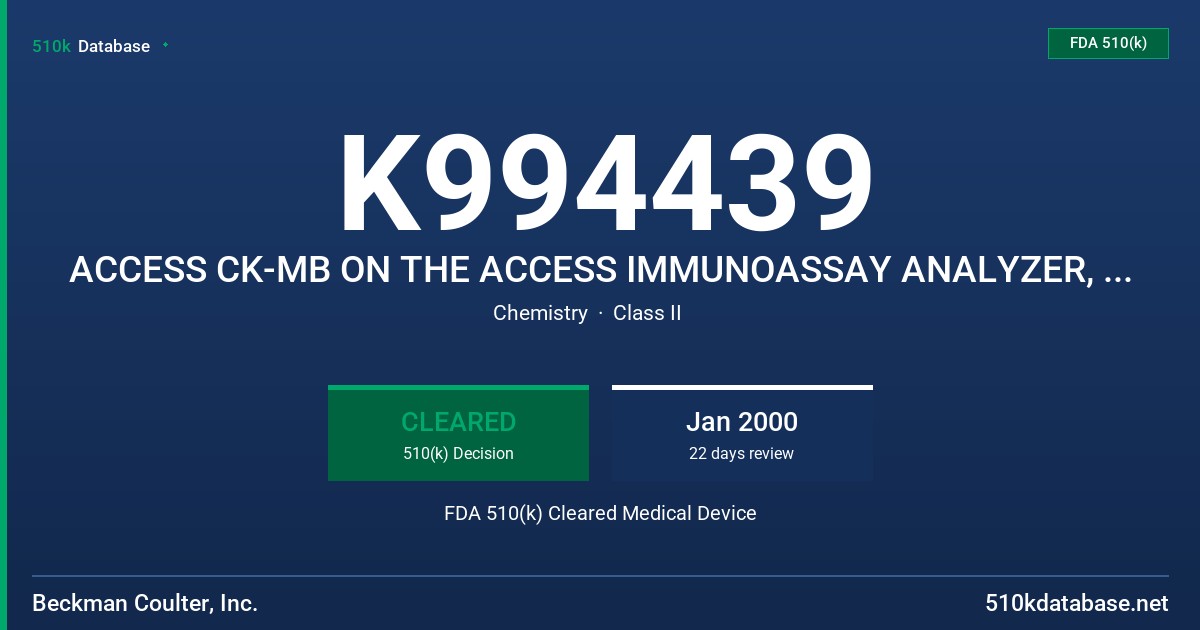 K994439 ACCESS CK-MB ON THE ACCESS IMMUNOASSAY ANALYZER, MODELS 33300, 33305, 33309, 33306 FDA 510(k) Cleared Medical Device